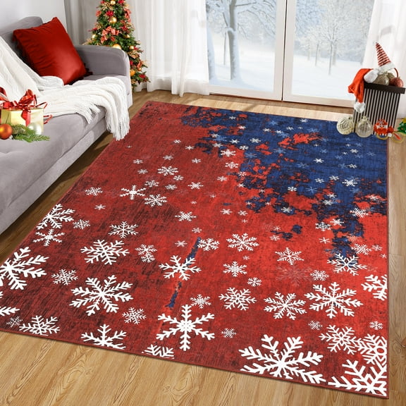 FairOnly 5'x7'Christmas Snowflake Area Rug Soft Machine Washable Ultra Thin Non Slip Holiday Floor Carpet for Living Room Entryway Bedroom Laundry,Red Blue