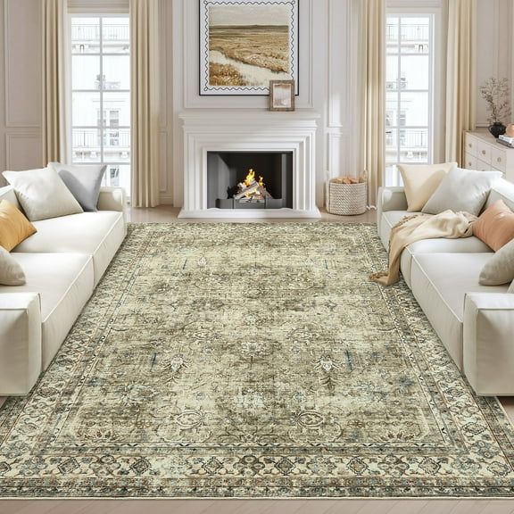FairOnly 5'x7'Distressed Oriental Floral Machine Washable Area Rug for Living Room Vintage Non Slip Low Pile Rug for Laundry Bathroom,Brown