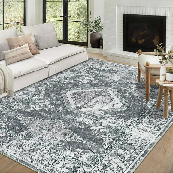 FairOnly 6'x9'Floral Area Rugs for Living Room Boho Vintage Ultra Thin Soft Low Pile Floor Cover for Bedroom Kitchen Bathroom Laundry,Grey