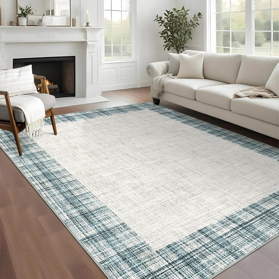 FairOnly 5'x7'Gallery Frame Modern Large Non Slip Area Rug Minimalist Geometric Machine Washable Low Pile Foldable Carpet for Bedroom Kitchen,Light Blue