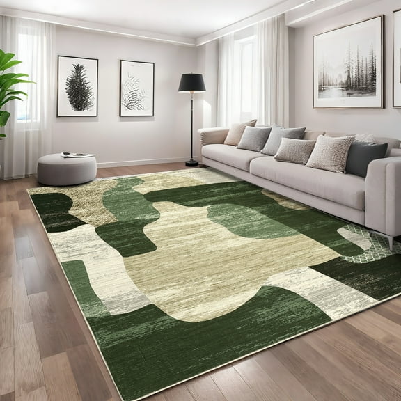 FairOnly 5'x7'Green Abstract Low Pile Machine Washable Area Rug Modern Color Block Non Slip Rugs for Living Room Beroom Home Office