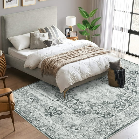 FairOnly 5'x7' Grey Area Rugs Washable Bohemian Vintage Floral Rugs Ultra-Thin Stain-Resistant Rugs for Kitchen Dining Room Non Slip Area Rugs