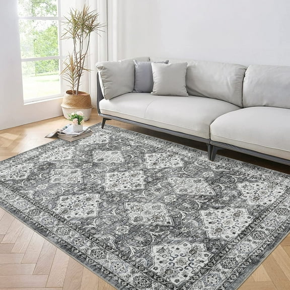 FairOnly 5'x7' Grey Boho Floral Rugs for Bathroom Vintage Ultra-Thin Stain-Resistant Area Rugs for Kitchen Dining Room Low Pile Carpet