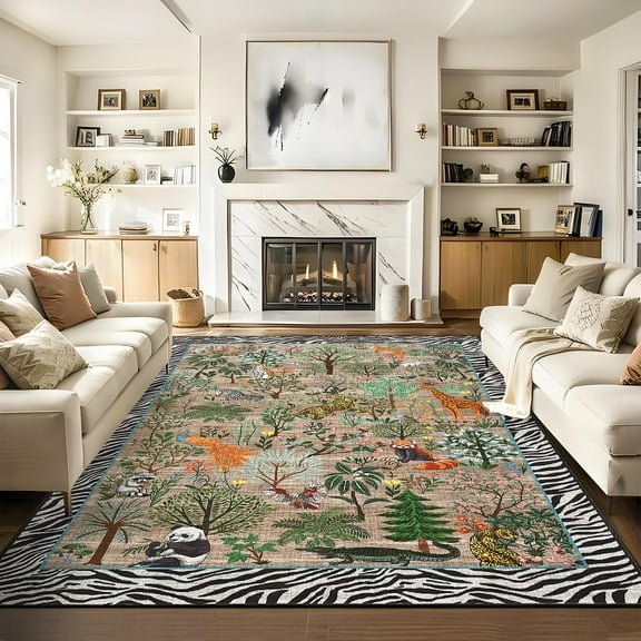 FairOnly 5'x7'Jungle Adventure Farmhouse Area Rug Machine Washable Low Pile Non Slip Carpet for Pet-Friendly Bedroom Kitchen Living Room,Yellow Brown