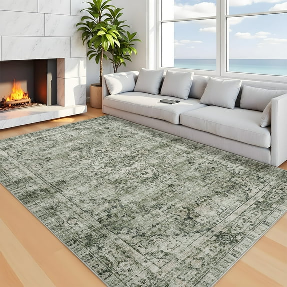 FairOnly 5'x7'Machine Washable Area Rugs for Bedroom Dinning Room Soft Low Pile Ultra Thin Distressed Foral Printed Rugs for Kitchen,Green