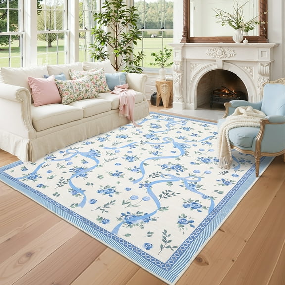 FairOnly 5'x7'Machine Washable Floral Area Rug for Bedroom Low Pile Non Slip Soft Rug for Modern Living Room,Beige Blue