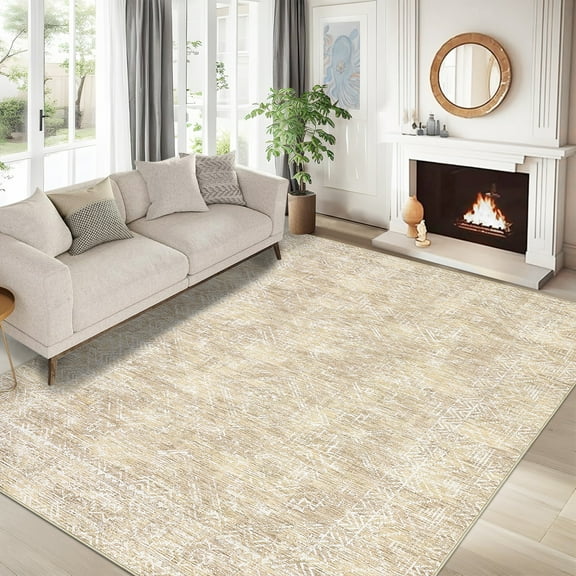 FairOnly 5'x7' Machine Washable Living Room Area Rugs Modern Geometric Stain-Resistant Rugs for Kitchen Dining Room Beige Low Pile Rugs