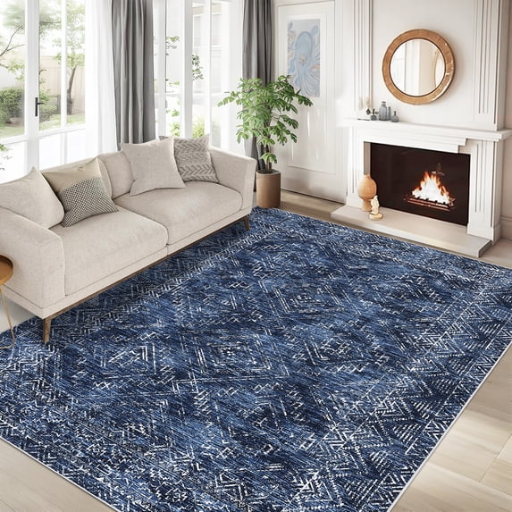 FairOnly 5'x7' Machine Washable Living Room Area Rugs Modern Geometric Stain-Resistant Rugs for Kitchen Dining Room Blue Low Pile Rugs