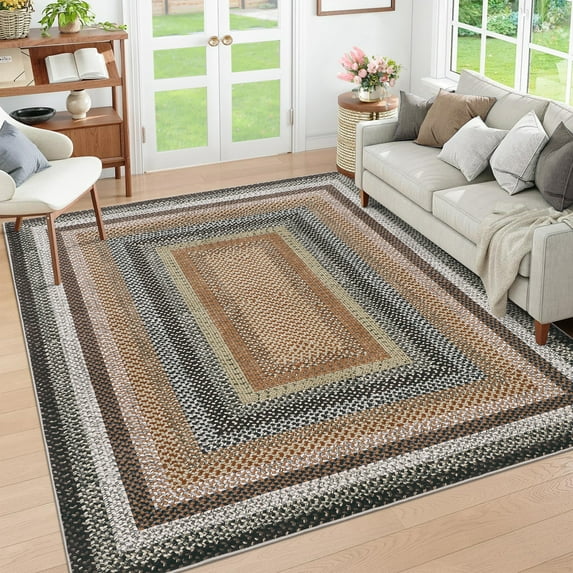FairOnly 5'x7'Machine Washable Low Pile Brocade Area Rug – Textured Geometric Non Slip NonShedding Rug for Bedroom Kitchen,Orange Green