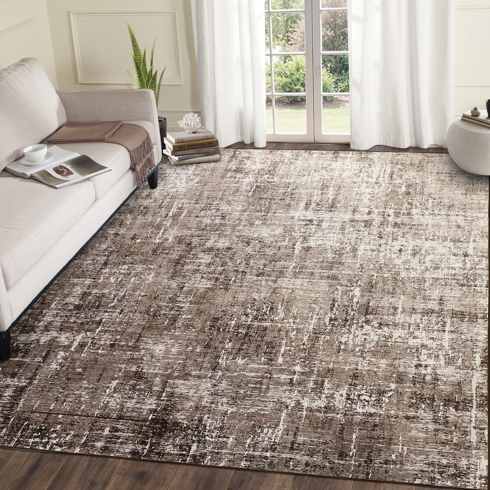 FairOnly 5'x7'Modern Abstract Gradient Color Area Rug Machine Washable Ultra Thin Low Pile Non Slip Carpet for Living Room Dining Room Bathroom,Light Camel