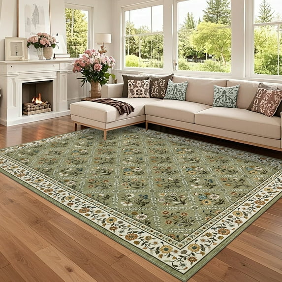 FairOnly 5'x7'Modern Farmhouse Washable Area Rug Pastoral Floral Non Slip Stain Resistant Mat for Bedroom Living Room Kitchen,Green