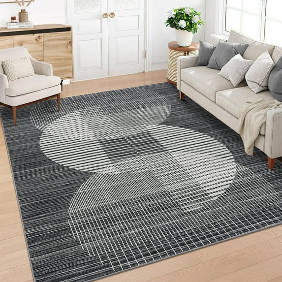 FairOnly 5'x7'Modern Geometric Area Rug for Bedroom–Semicircle Pattern Machine Washable Indoor Floor Rug for Living Room Kitchen,Black