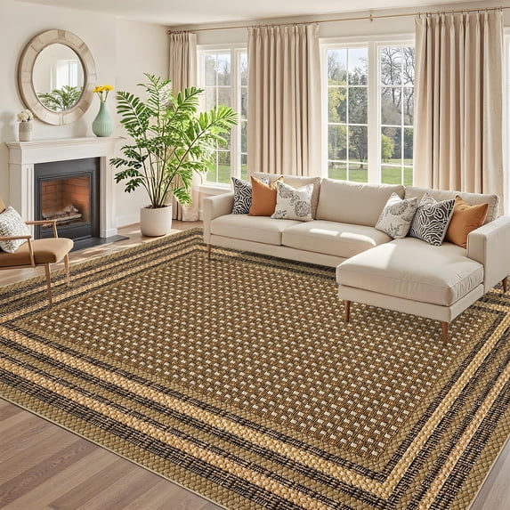 FairOnly 5'x7'Modern Geometric Machine Washable Area Rug for Bedroom Dining Room Ultra Thin Low Pile Pet Friendly Floor Cover for Living Kitchen Home Office,Yellow Brown