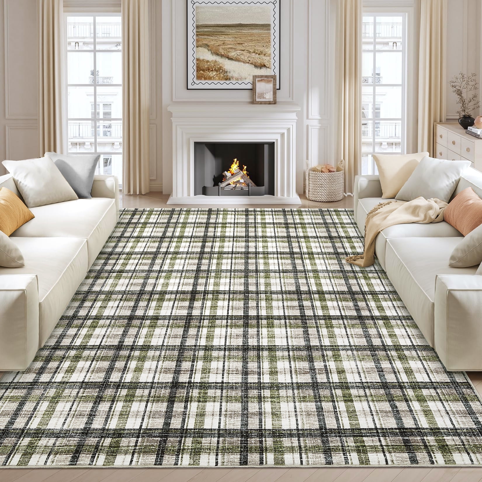 FairOnly 5'x7'Modern Geometric Plaid Non Slip Area Rug British Style Machine Washable Soft Non Shedding Rug for Living Room Bedroom,Green