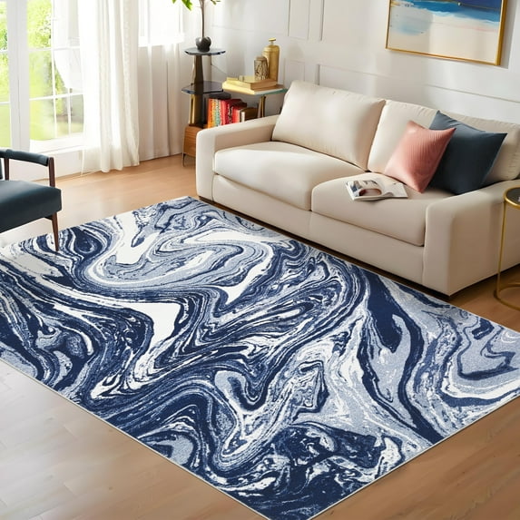 FairOnly 5'x7'Modern Non Slip Machine Washable Large Area Rug With Abstract Pattern Stain Resisntat Foldable Rug for Bedroom Dining Room,Blue