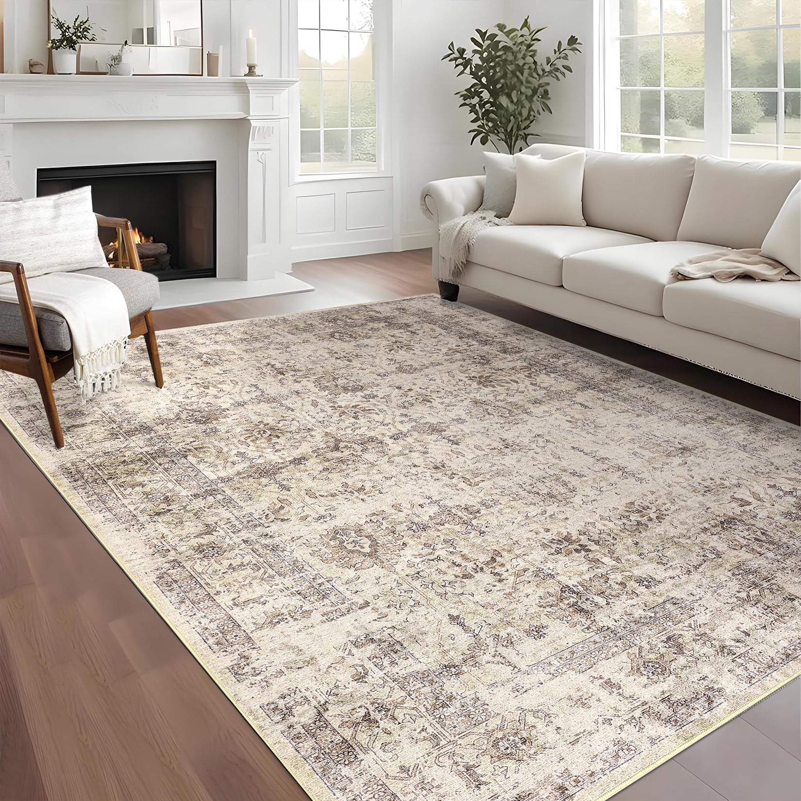 FairOnly 5'x7'Oriental Distressed Area Rug Machine Washable Non Slip Vintage Soft Indoor Floor Cover for Living Room Bedroom Office Study Room,Beige