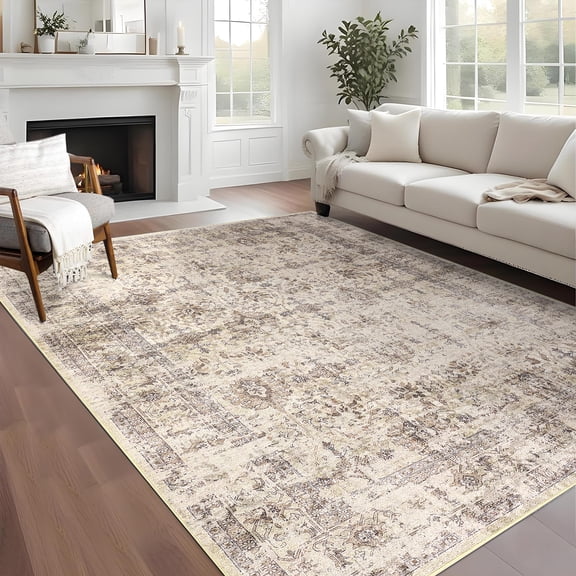 FairOnly 5'x7'Oriental Distressed Area Rug Machine Washable Non Slip Vintage Soft Indoor Floor Cover for Living Room Bedroom Office Study Room,Beige