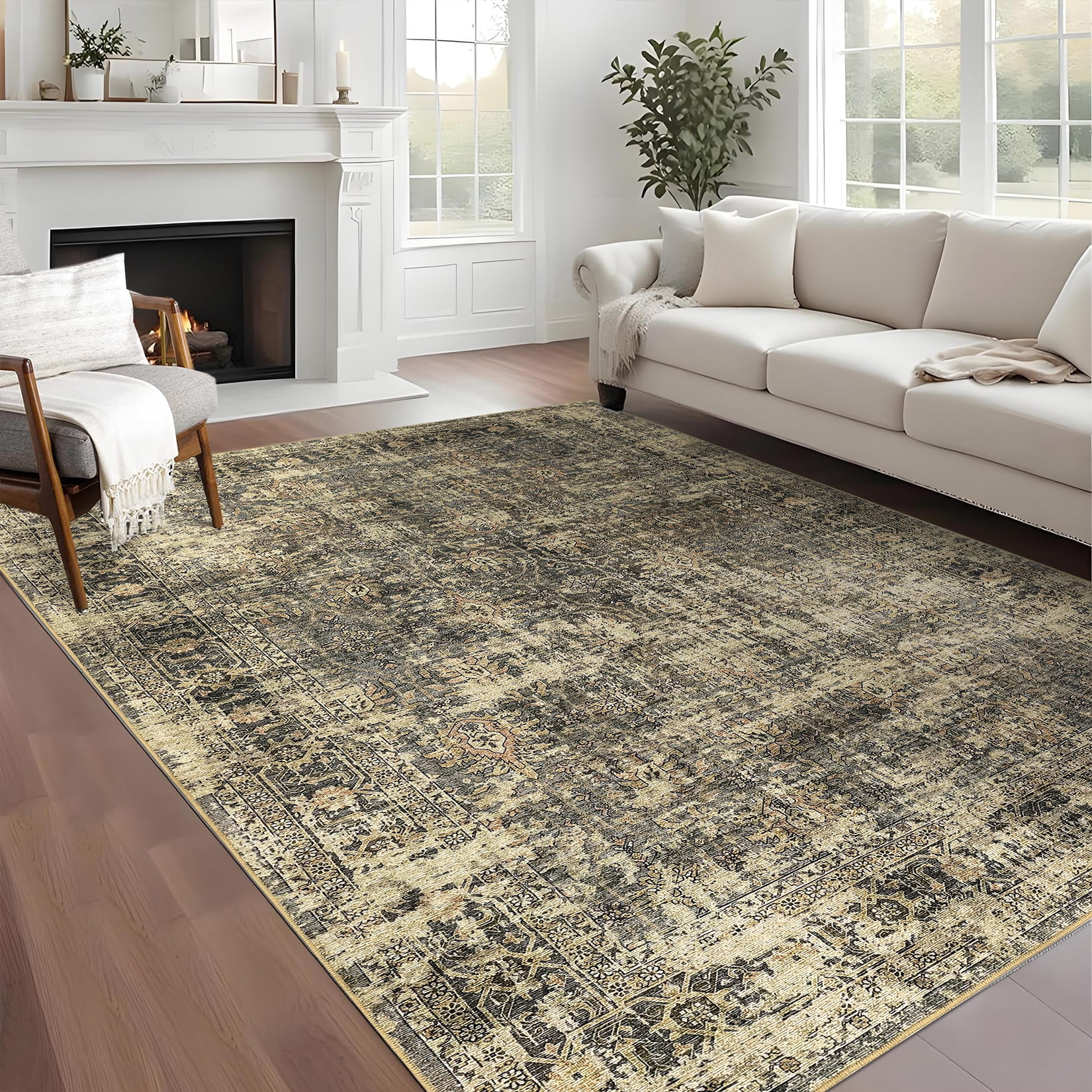 FairOnly 5'x7'Oriental Distressed Area Rug Machine Washable Non Slip Vintage Soft Indoor Floor Cover for Living Room Bedroom Office Study Room,Green