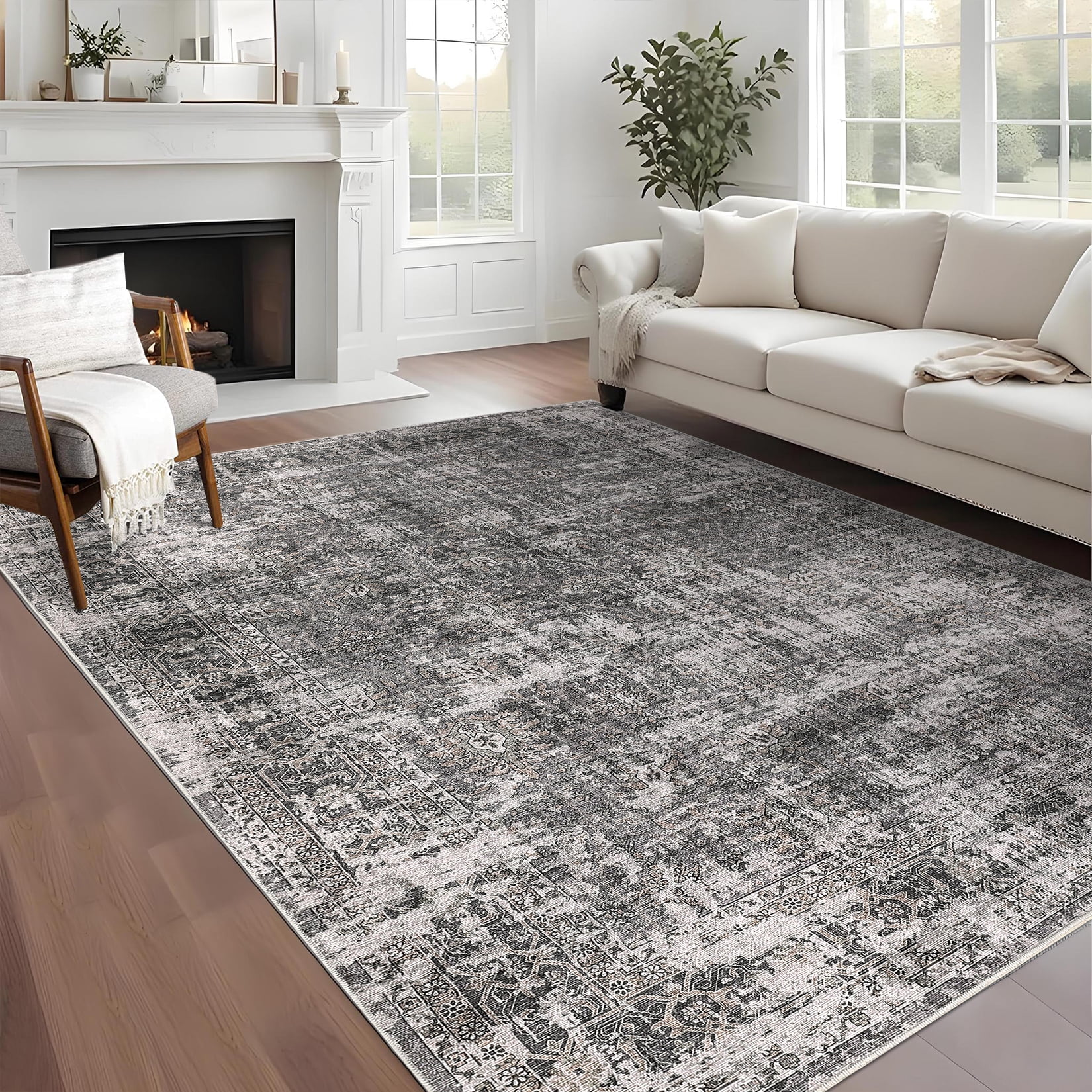 FairOnly 5'x7'Oriental Distressed Area Rug Machine Washable Non Slip Vintage Soft Indoor Floor Cover for Living Room Bedroom Office Study Room,Grey
