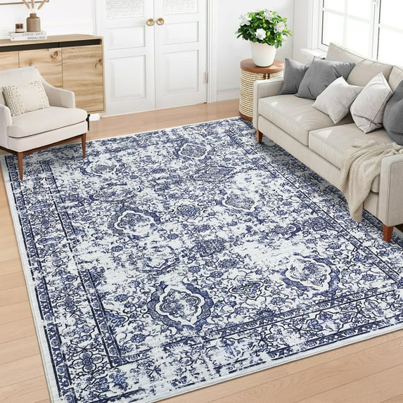 FairOnly 5'x7'Oriental Vintage Floral Printed Area Rug for Living Room Low Pile Non Slip Distressed Floor Cover for Bedroom Kitchen,Blue