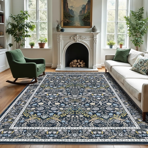 FairOnly 5'x7'Retro Floral Printed Machine Washable Area Rug Ultra-Thin Low Pile Stain & Pet Friendly Non Slip Indoor Rug for Living Room Bedroom Kitchen Dining,Blue