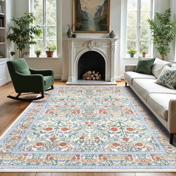 FairOnly 5'x7'Retro Floral Printed Machine Washable Area Rug Ultra-Thin Low Pile Stain & Pet Friendly Non Slip Indoor Rug for Living Room Bedroom Kitchen Dining,Beige Orange