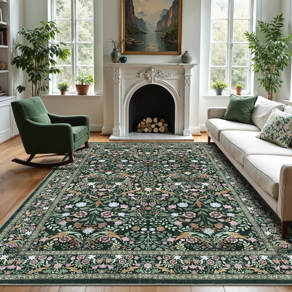 FairOnly 5'x7'Retro Floral Printed Machine Washable Area Rug Ultra-Thin Low Pile Stain & Pet Friendly Non Slip Indoor Rug for Living Room Bedroom Kitchen Dining,Dark Green