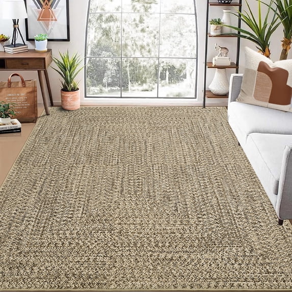 FairOnly 5'x7' Solid Beige Woven Print Washable Area Rugs for Kitchen Non Shedding Braided Rugs for Family Room Nursery Modern Soft Area Rug