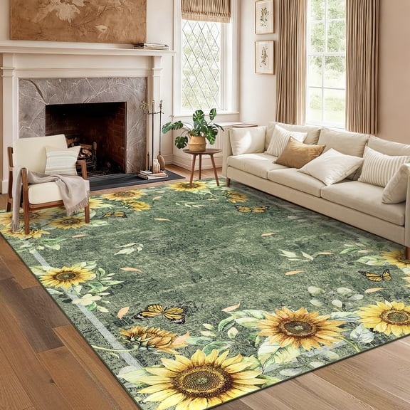 FairOnly 5'x7'Sunflower & Insects Area Rug for Living Room Stain Resistant Machine Washable Non Slip Carpet for Bedroom Entryway Kitchen Bedroom,Green