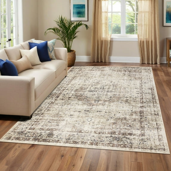 FairOnly 5'x7'Traditional Distressed Area Rugs Washable Oriental Low Pile Soft Rugs for Living Room Non Slip Area Rugs for Bathroom Kitchen Bedroom,Light Camel