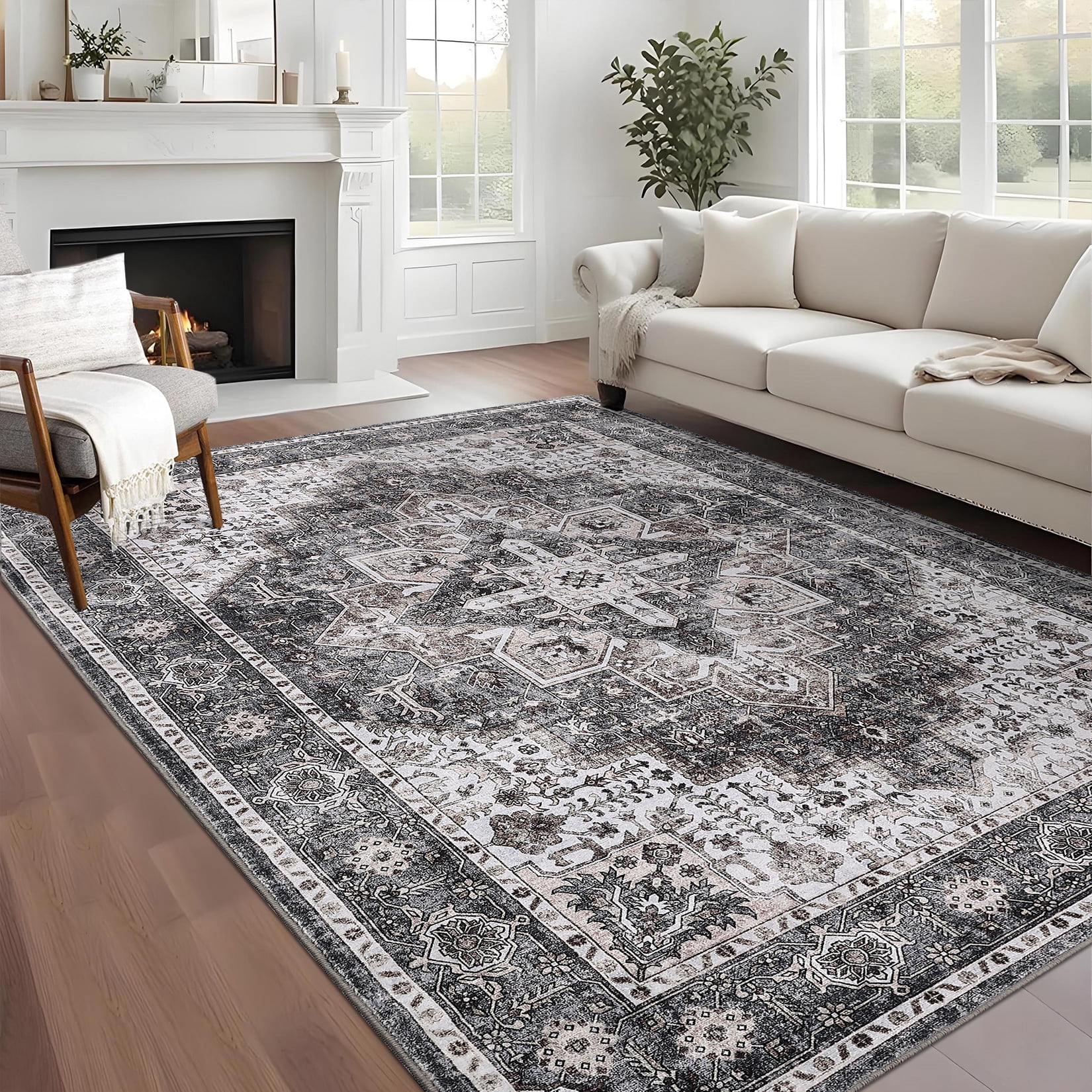 FairOnly 5'x7'Vintage Distressed Floral Machine Washable Area Rug for Bedroom Non Slip Low Pile Floor Cover for Dinning Room Kitchen Living Room,Camel