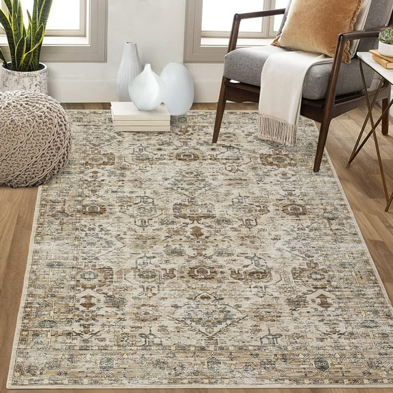 FairOnly 6'x9' Beige Vintage Boho Area Rugs for Living Room Washable Non Slip Rugs for Bathroom Home Office Area Rugs
