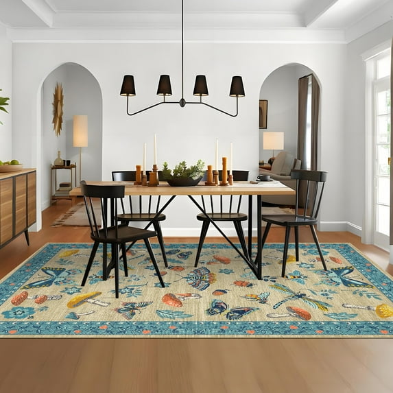 FairOnly 6'x9'Modern Machine Washable Area Rug- Grass&Warblers Non Slip Stain Resistant Foldable Rugs for Bedroom Dining Room Kitchen,Khaki Blue