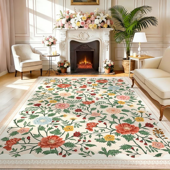 FairOnly 6'x9'Modern Pastoral Floral Print Machine Washable Area Rug Stain Resistant Low Pile Non Slip Indoor Rug for Living Room Bedroom High Traffic Areas,Beige