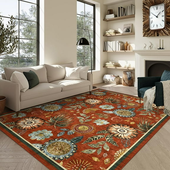 FairOnly 8'x10'Abstract Floral Print Area Rug Non Slip Stain Resistant Ultra Thin & Soft Rugs for Livingroom Bedroom,Brick Red