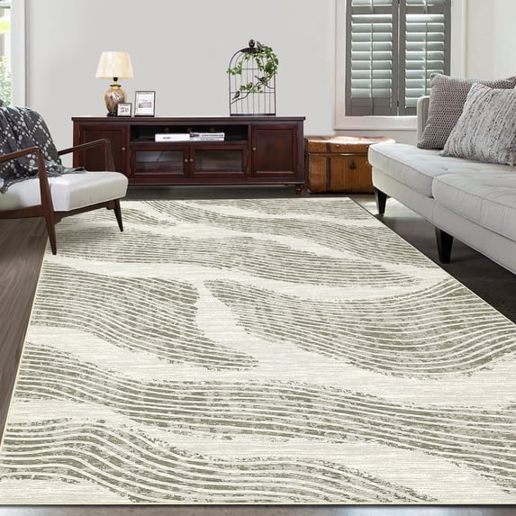 FairOnly 8'x10' Beige Contemporary Washable Area Rugs for Living Room Abstract Ocean Print Rugs for Living Room Soft Low Pile Indoor Floor Carpet