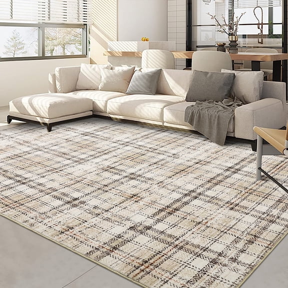 FairOnly 8'x10'Beige Modern Machine Washable Geometric Irregular Grid Area Rug for Kitchen Bedroom Ultra Thin Low Pile Non Slip Indoor Rug for Living Room Laundry Bathroom