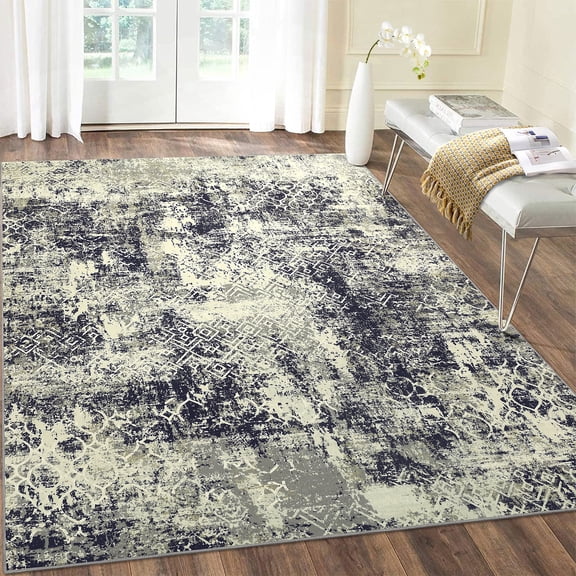 FairOnly 8'x10' Black Machine Washable Area Rugs for Living Room Modern Abstract Rugs Low Pile Soft Rugs for Bedroom Home Office Carpet