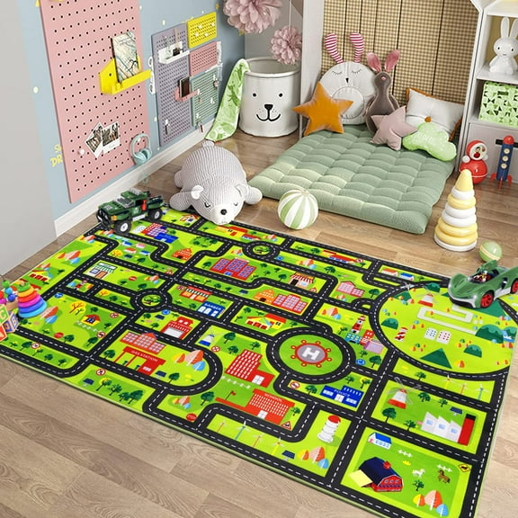 FairOnly 8'x10' Black Washable Chidren Living Room Area Rugs Kids Learning Rugs City Traffic Road Area Rugs Non Shedding Rugs for Bedroom Nursery Infant Toddlers Educational Carpet