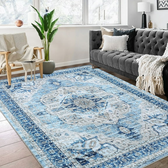 FairOnly 8'x10' Blue Area Rugs for Living Room Vintage Boho Machine Washable Rugs Low Pile Soft Rugs for Bedroom Indoor Floor Carpet