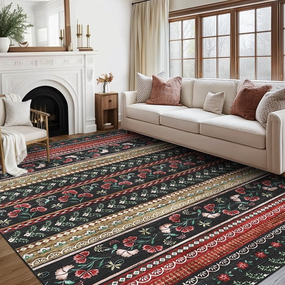 FairOnly 8'x10'Boho Floral Printed Non Slip Soft 5'x7'Area Rug for Bedroom Low Pile Non Shedding Indoor Rug for Modern Living Room Kitchen,Black Red