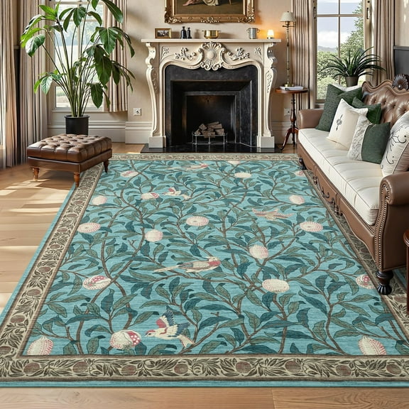 FairOnly 8'x10'Botanical Garden Washable Rug Bird & Fruit Non Slip Carpet for Boho Living Rooms Low Pile Stain Resistant Floor Cover for Bedroom Kitchen,Light Blue