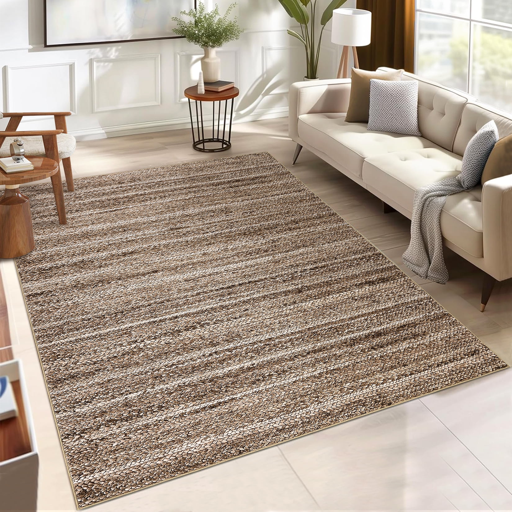 FairOnly 8'x10' Brown Machine Washable Living Room Area Rugs Modern Braided Print Non Slip Rugs for Bedroom Home Office Rug Indoor Floor Carpet