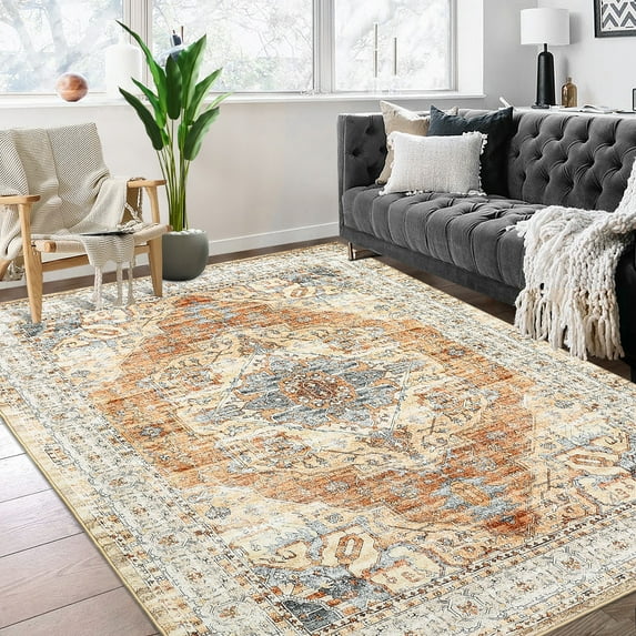 FairOnly 8'x10' Camel Area Rugs for Living Room Vintage Boho Machine Washable Rugs Low Pile Soft Rugs for Bedroom Indoor Floor Carpet