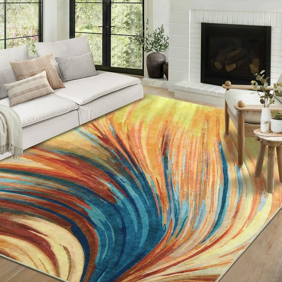 FairOnly 8'x10'Colorful Abstract Machine Washable Non Slip Low Pile Modern Indoor Area Rug Soft Foldable Floor Cover for Bedroom Living Room Kitchen,Blue Red