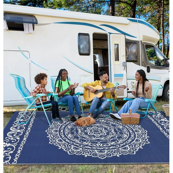 FairOnly 8'x10' Dark Blue Outdoor Washable Area Rug for Patio Reversible Waterproof Rug for RV Trip Stain Resistant Rugs