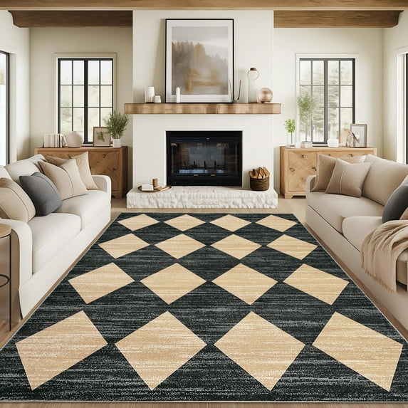 FairOnly 8'x10'Diamond Pattern Low Pile Stain Resistant Area Rug Modern Geometric Washable Rugs for Bedroom Livingroom,Black Camel