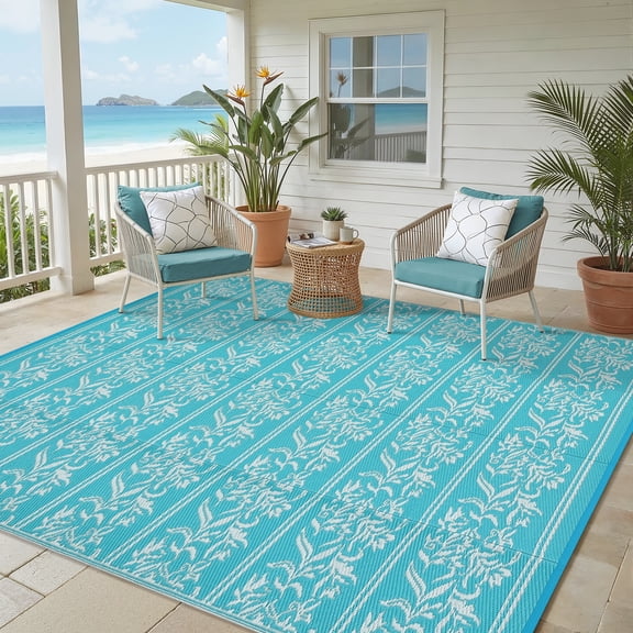FairOnly 8'x10'Floral Outdoor Rug Modern Waterproof Mat Portable UV & Fade-Resistant for Balcony Beach and Picnic,Light Blue