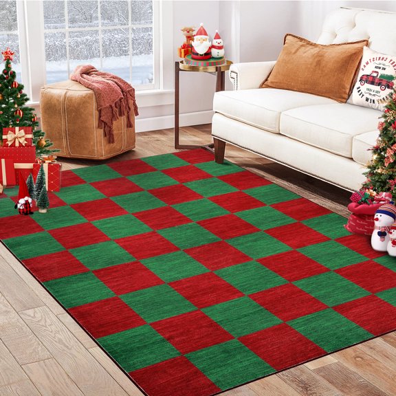 FairOnly 8'x10'Geometric Christmas Non Slip Area Rug for Living Room Ultra Thin Machine Washable Classical Grid Floor Carpet for Bedroom Kitchen,Red Green