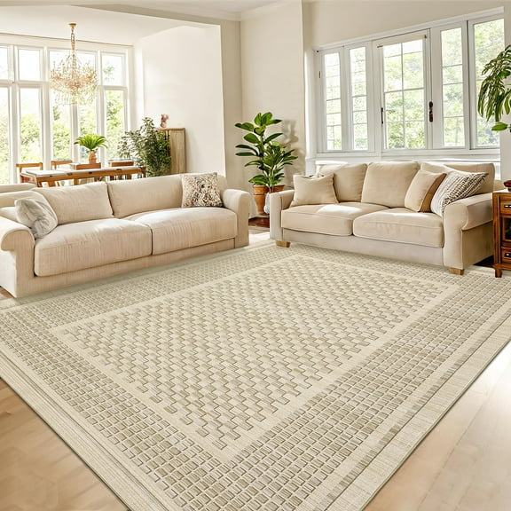 FairOnly 8'x10'Geometric Non Slip Washable Rug for Modern Living Room Low Pile Foldable Floor Carpet for Bedroom Room Entryway Laundry,Beige